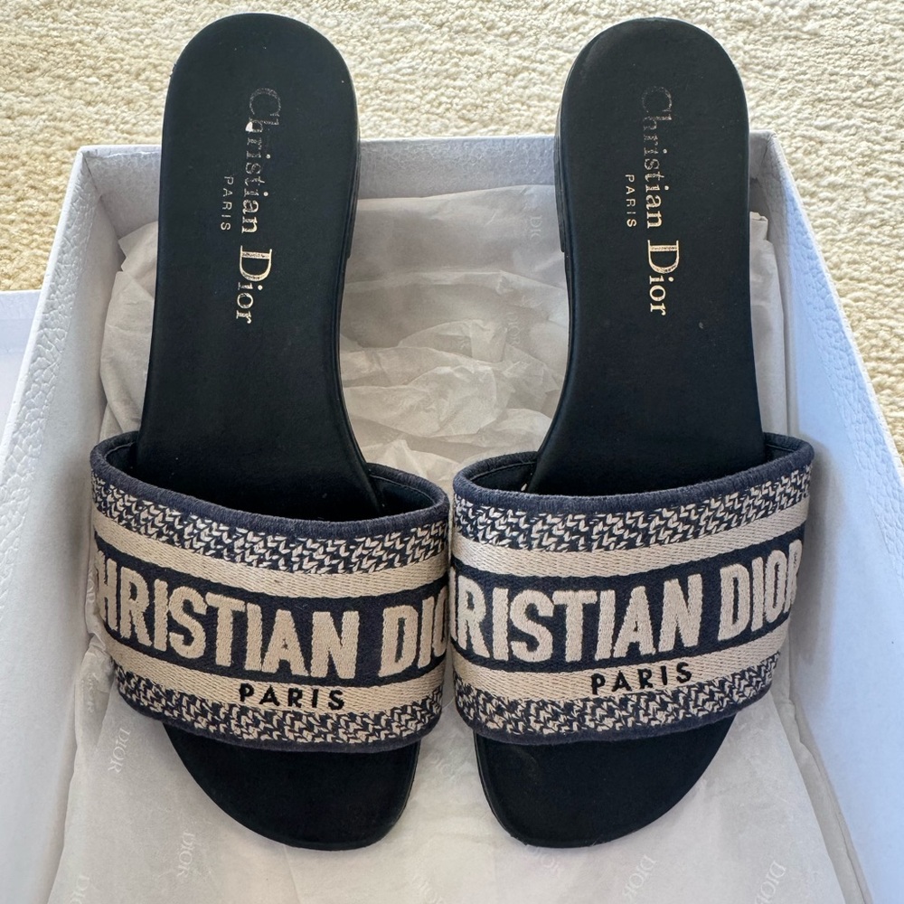 Dior Navy Canvas Embroidered Sandals Sz 35